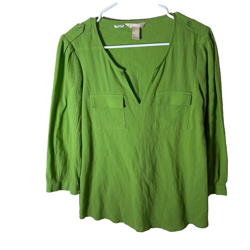 Banana Republic Blouse Women's XS Green Cotton 3/4 Sleeve Popover Top Shirt